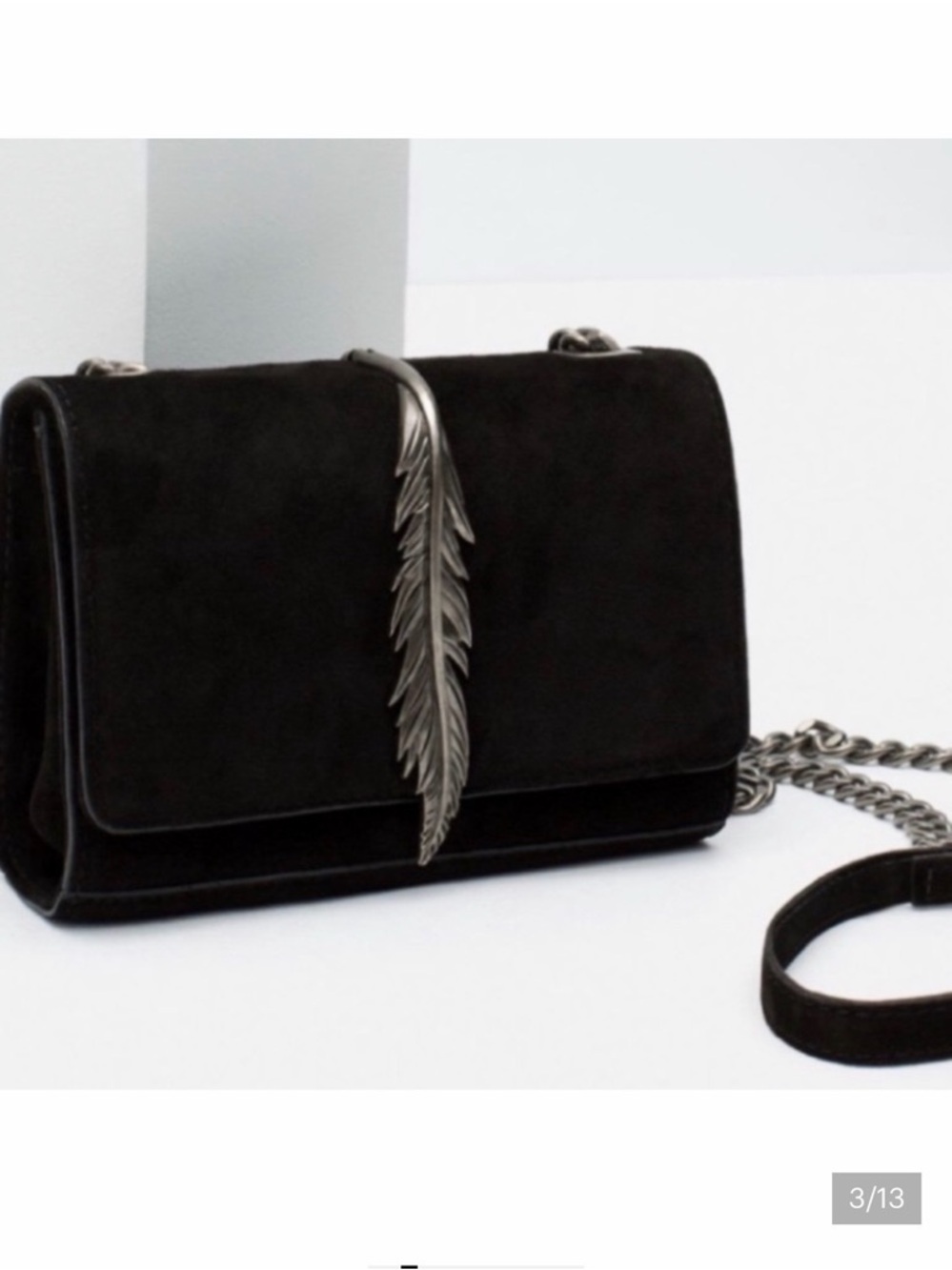 Zara Black Suede Crossbody with Feather Metal Detail